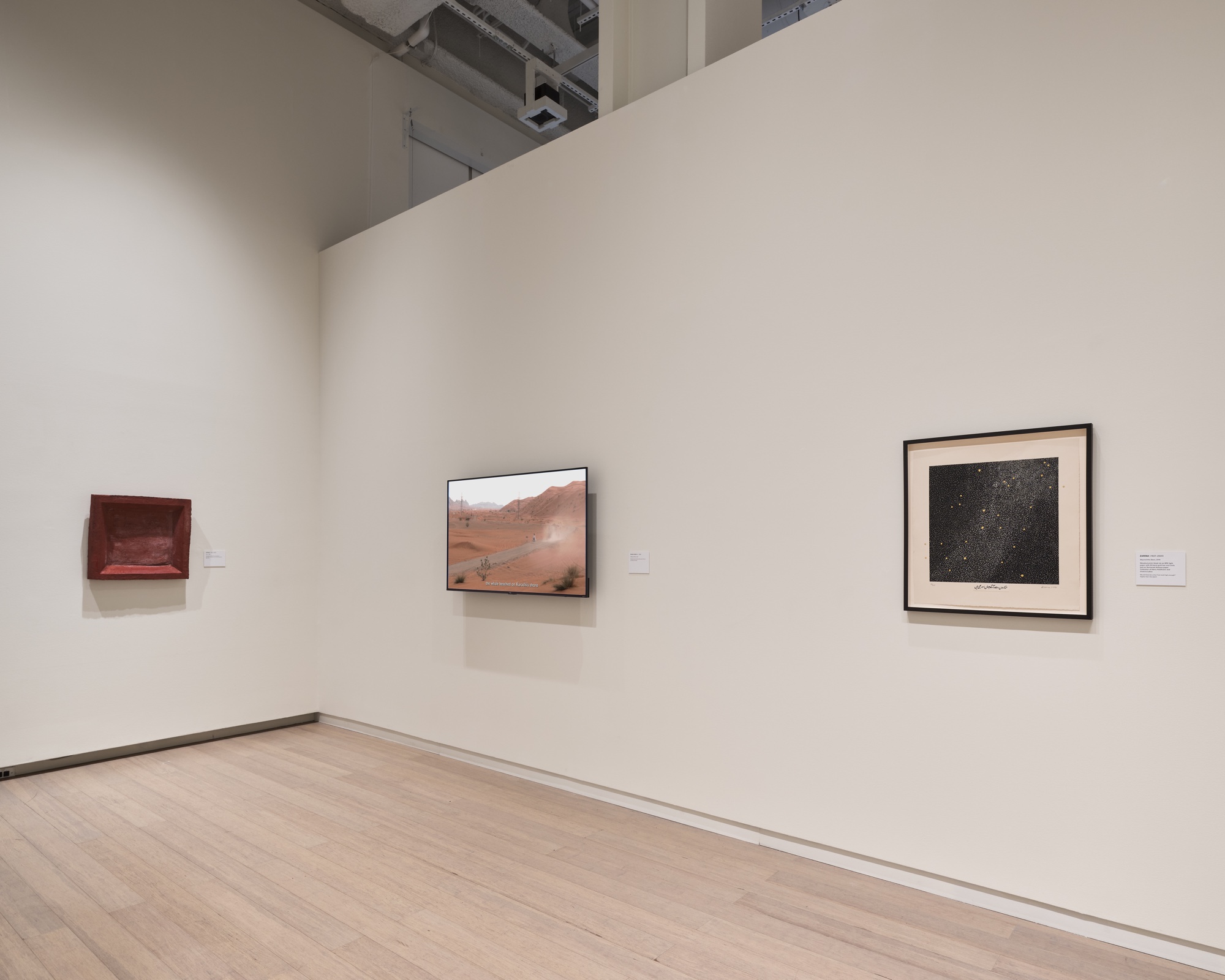 Works on display including sculpture, video, and works on paper